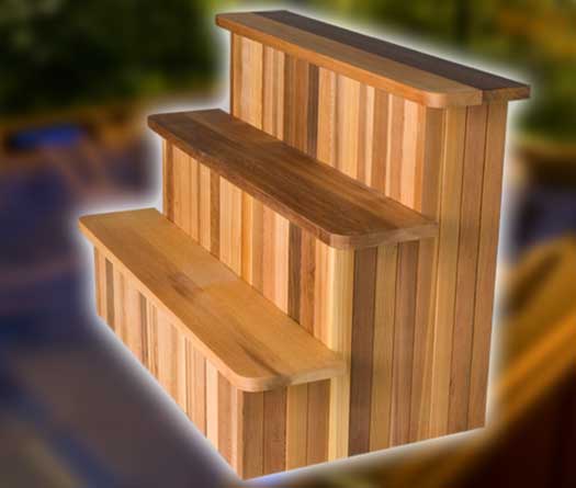Hydropool’s optional Three-Tier Cedar step makes entering and exiting your hot tub safe and easy